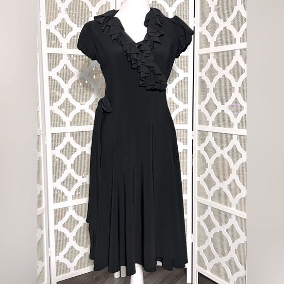 SIZE 2 RALPH LAUREN BLACK RUFFLE DRESS STRETCH SPANDEX RETRO VINTAGE SMALL - Picture 2 of 8